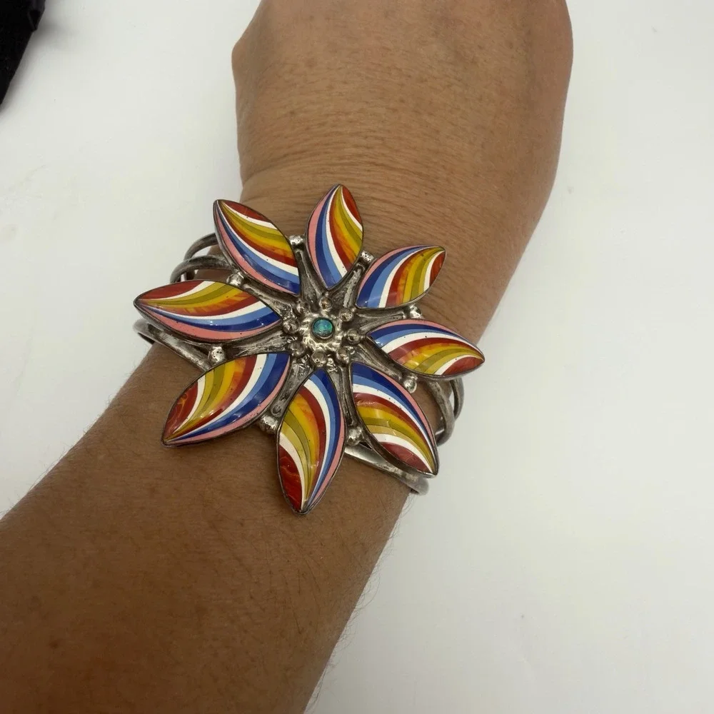 Vtg Sterling Silver Multi Stone Inlay Large Flower Cuff Bracelet One of a Kind